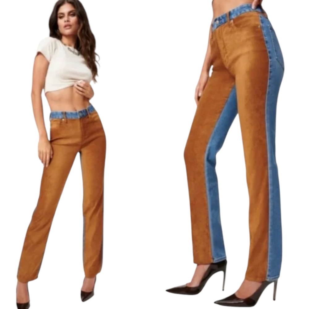 Good American Icon Mixed Media Denim & Faux Suede Jeans  High Rise NWT Sz 12